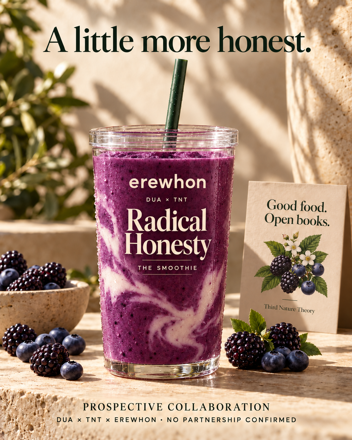 Prospective Dua × TNT × Erewhon smoothie concept. No partnership confirmed.